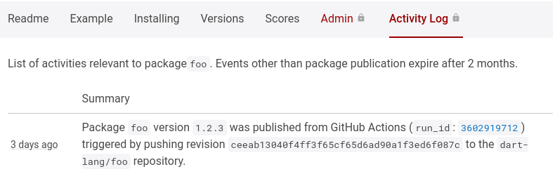 Audit log after publishing from GitHub Actions